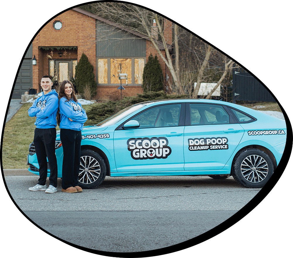 Poop Scooping Service Car with Employees Standing In Front